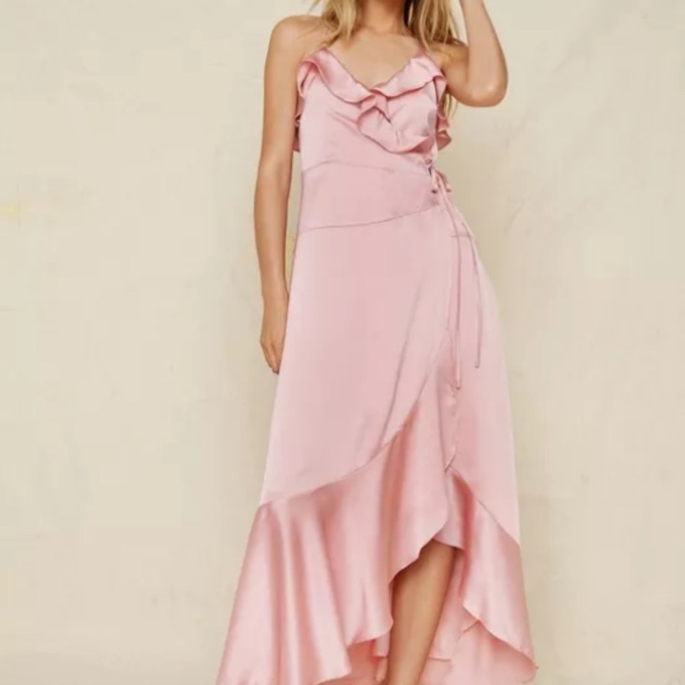 Satin Ruffle Detail Strappy Wrap Maxi Dress